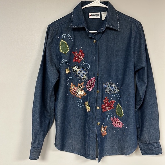 National Embroidered Denim Shirt, Size M, Fall Leaves pattern, 100% cotton - Picture 1 of 8